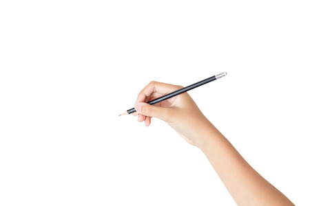 Female hand with pencil isolated on white background, clipping path insideの写真素材