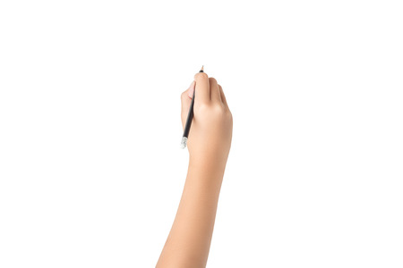 Female hand with pencil isolated on white background, clipping path insideの写真素材