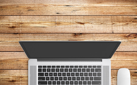 Modern workspace with laptop and mouse copy space on color background. Top view. Flat lay style.の写真素材