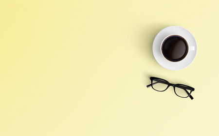 Modern workspace with coffee cup and eyeglasses copy space on color background. Top view. Flat lay style.の写真素材