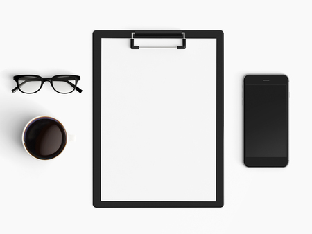 Minimal office desk workplace with blank paper, coffee cup, smartphone and pen copy space on color background. Top view. Flat lay style.の写真素材