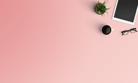Modern workplace with notebook, coffee cup, smartphone and eyeglasses copy space on color background. Top view. Flat lay style.の写真素材
