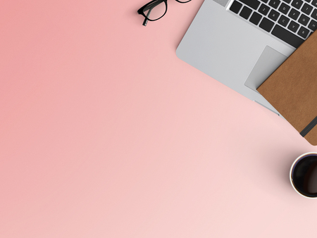 Modern workspace with laptop, coffee cup and notebook copy space on color background. Top view. Flat lay style.の写真素材