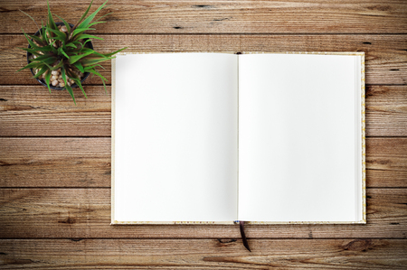 Top view of blank open notebook page on wood background office desk with little tree. Minimal flat lay styleの写真素材