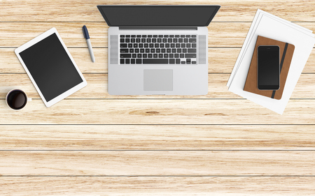 Modern workspace with laptop, coffee cup, book and smartphone copy space on color background. Top view. Flat lay style.の写真素材