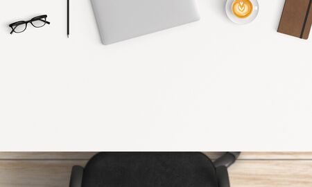 Modern workplace with laptop, coffee cup and notebook copy space on white table background. Top...