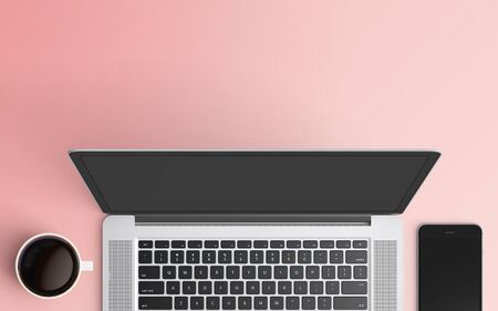 Modern workspace with laptop, coffee cup and smartphone copy space on color background. Top view. Flat lay style.の写真素材