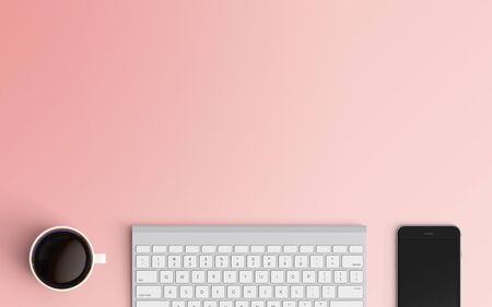 Modern workspace with keyboard, smartphone and coffee cup copy space on color background. Top view. Flat lay style.の写真素材
