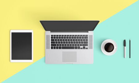 Modern workplace with notebook or laptop, coffee cup and smartphone copy space on color background. Top view. Flat lay style.の写真素材