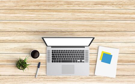 Minimal workspace with laptop, coffee cup and paper copy space on color background. Top view. Flat lay style.の写真素材