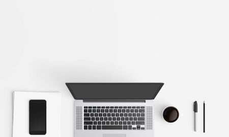 Modern workplace with notebook copy space on color background. Top view. Flat lay style.の写真素材