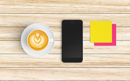 Modern workspace with coffee cup and tablet or smartphone copy space on wood background. Top view. Flat lay style.の写真素材