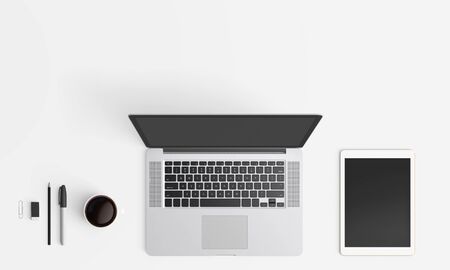 Modern workplace with notebook copy space on color background. Top view. Flat lay style.の写真素材