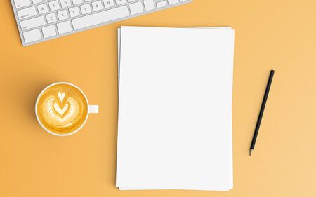 Modern workspace with coffee cup, keyboard and blank paper copy space on orange color background....