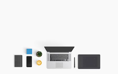 Modern workspace with coffee cup, smartphone, paper, notebook, tablet and laptop copy space on white...