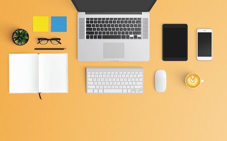 Modern workspace with coffee cup, notebook, smartphone and laptop copy space on orange color background. Top view. Flat lay style.の写真素材