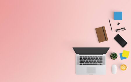 Modern workspace with coffee cup, paper, smartphone, notebook and laptop copy space on pink color background. Top view. Flat lay style.の写真素材