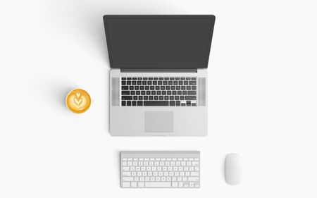Modern workspace with coffee cup and laptop copy space on white color background. Top view. Flat lay style.の写真素材