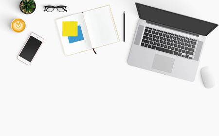 Modern workspace with coffee cup, smartphone, paper, notebook, tablet and laptop copy space on white color background. Top view. Flat lay style.の写真素材