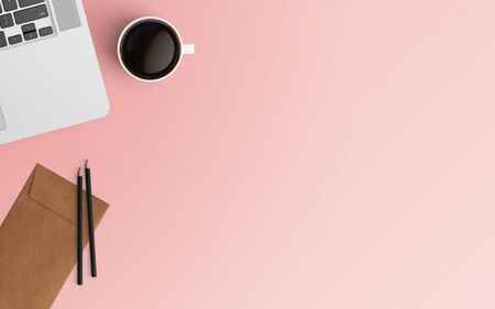 Modern workspace with laptop, coffee cup pencil and envelope copy space on color background. Top view. Flat lay style.の写真素材