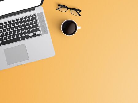 Modern workspace with laptop, coffee cup and notebook copy space on color background. Top view. Flat lay style.の写真素材