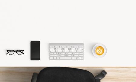 Modern workplace with coffee cup and smartphone or laptop copy space on office table background. Top view. Flat lay styleの写真素材