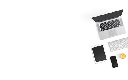 Modern workspace with coffee cup, smartphone, paper, notebook, tablet and laptop copy space on white color background. Top view. Flat lay style.の写真素材