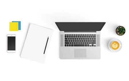 Modern workspace with coffee cup, smartphone, paper, notebook, tablet and laptop copy space on white color background. Top view. Flat lay style.の写真素材