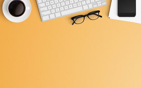 Minmal workspace with keyboard, smartphone and coffee cup copy space on color background. Top view. Flat lay style.の写真素材