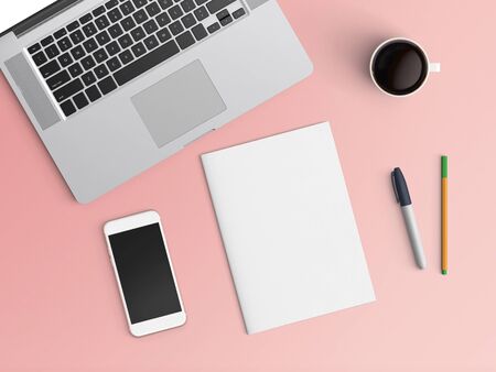 Modern office desk workplace with notebook, coffee cup, blank paper, pen and smartphone copy space on color background. Top view. Flat lay style.の写真素材