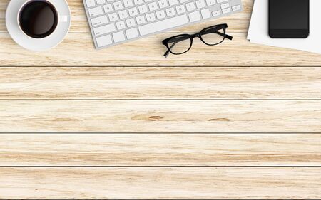 Minmal workspace with keyboard, smartphone and coffee cup copy space on color background. Top view. Flat lay style.の写真素材