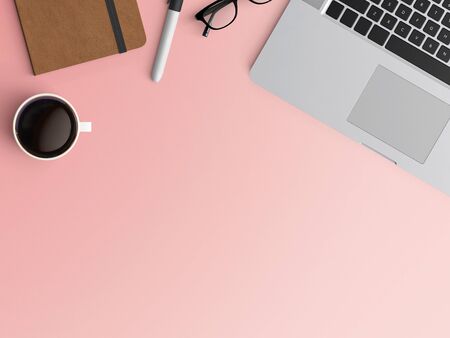 Modern workspace with laptop, coffee cup and notebook copy space on color background. Top view. Flat lay style.の写真素材