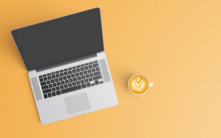 Modern workspace with coffee cup and laptop copy space on orange color background. Top view. Flat lay style.の写真素材