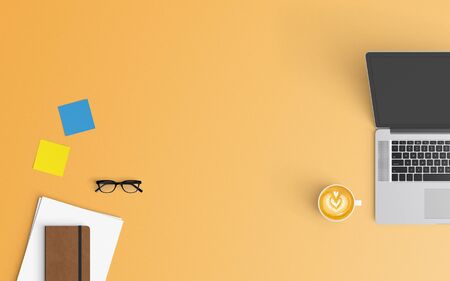 Modern workspace with coffee cup, paper, smartphone, notebook and laptop copy space on orange color background. Top view. Flat lay style.の写真素材