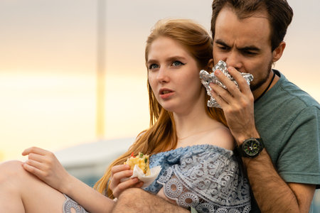 Young couple sitting on skateboard, eating street food and looking away