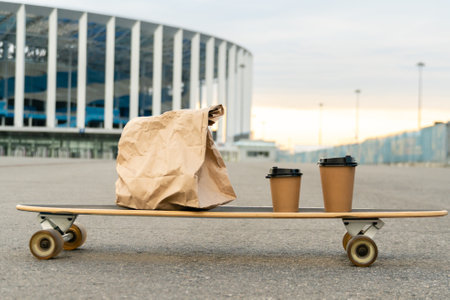 Set with paper bag and two eco friendly coffee cups placed on longboardの写真素材