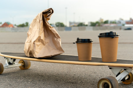 Set with paper bag and two eco friendly coffee cups placed on longboardの写真素材