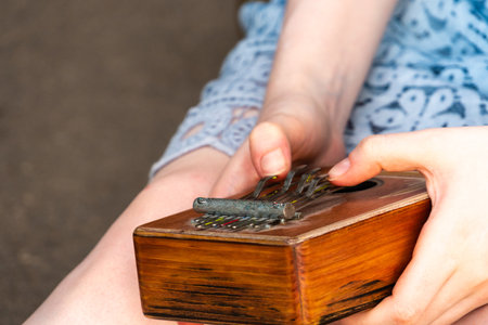 Female hands holding kalimba and playing musicの写真素材