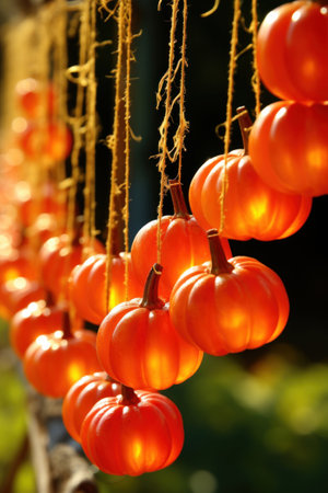 Closeup of bright orange glowing decorative pumpkins hanging outdoors against blurred green foliage backgroundの素材