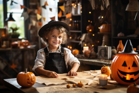 Positive smiling curly boy wearing hat sitting at table in childrens decorated room during making handmade decorations to Halloween and looking at cameraの素材