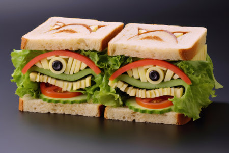 Closeup of scary delicious sandwiches decorated as Halloween monster with vegetables, cheese and leaf lettuce placed on gray background.の素材