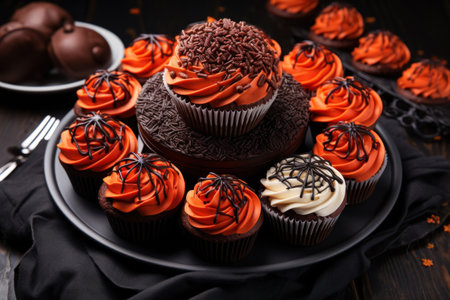Tasty appetizing bright cupcakes decorated with spider web to halloween on dark tableの素材