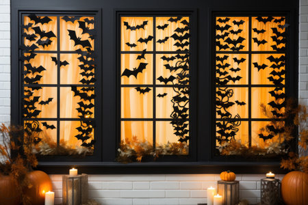 Window of house decorated with black paper bats as Halloween decorationsの素材