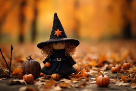 Little cute toy of smiling needle felted witch in hat standing with tiny pumpkins in autumn forest. Halloween postcard.の素材