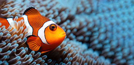 Closeup of clownfish with bright coloration swimming among coralsの素材