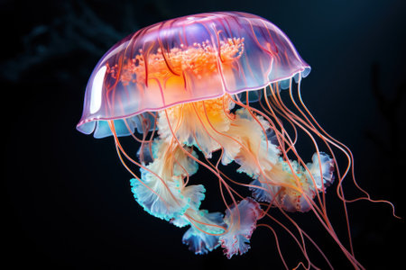 Closeup of jellyfish with its ethereal grace and enchanting color gradients that adorn its translucent body floating on dark backgroundの素材