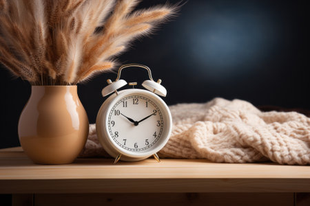 Closeup clock on table with white sweater and vase with spikelets on dark background to emphasize the winter theme and coziness. Concept of transition to winter time.の素材