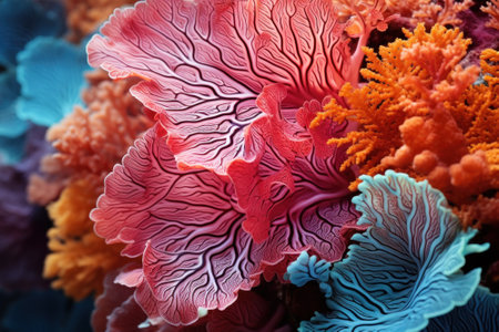 Extreme closeup of vivid colorful sea fans showing their texture, highly detailed macro photography. Abstract background of sea lifeの素材