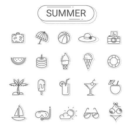 Summer icons set. Holiday contains icons element snorkel, beach umbrella, coconut juice, beach hat, surfboard, coconut tree, ice cream.のイラスト素材