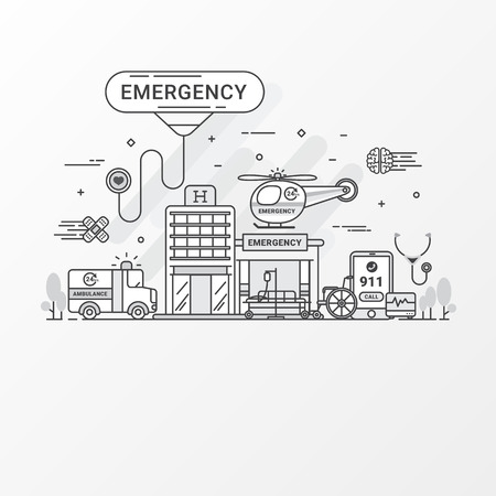Emergency concept. Set of hospital and healthcare contains icon elements, ambulance, siren-equipped car, Helicopter. Flat line style create by vector. For healthcare banner, hospital leaflet.のイラスト素材